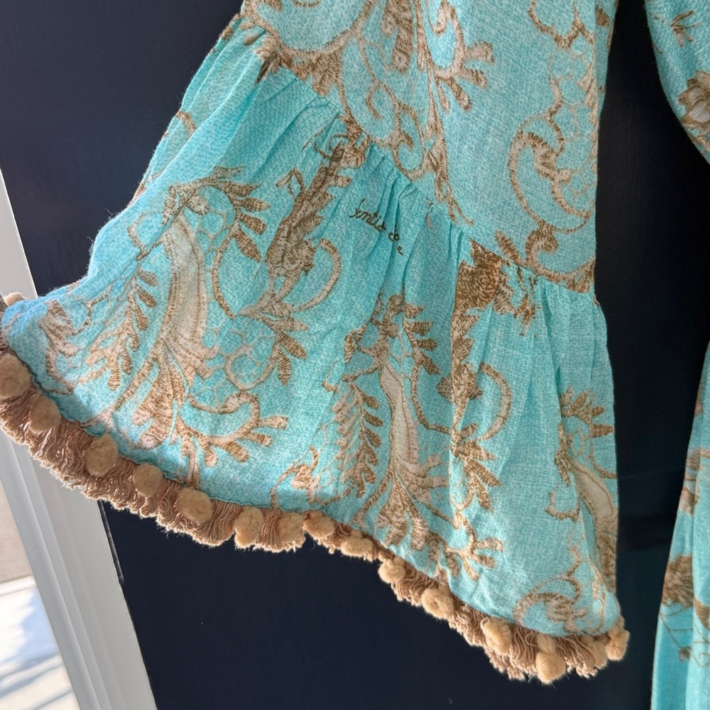 Bohemian Leoni Al Sole by Giacono Cirque Turquoise Beaded Maxi Dress w/ Pom Poms - Picture 8 of 14